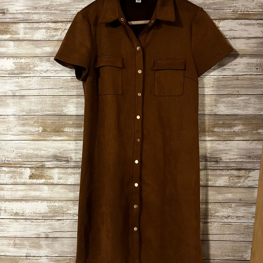 Spense Brown Short Sleeve Button Down Dress Y2K Suede Knee Length